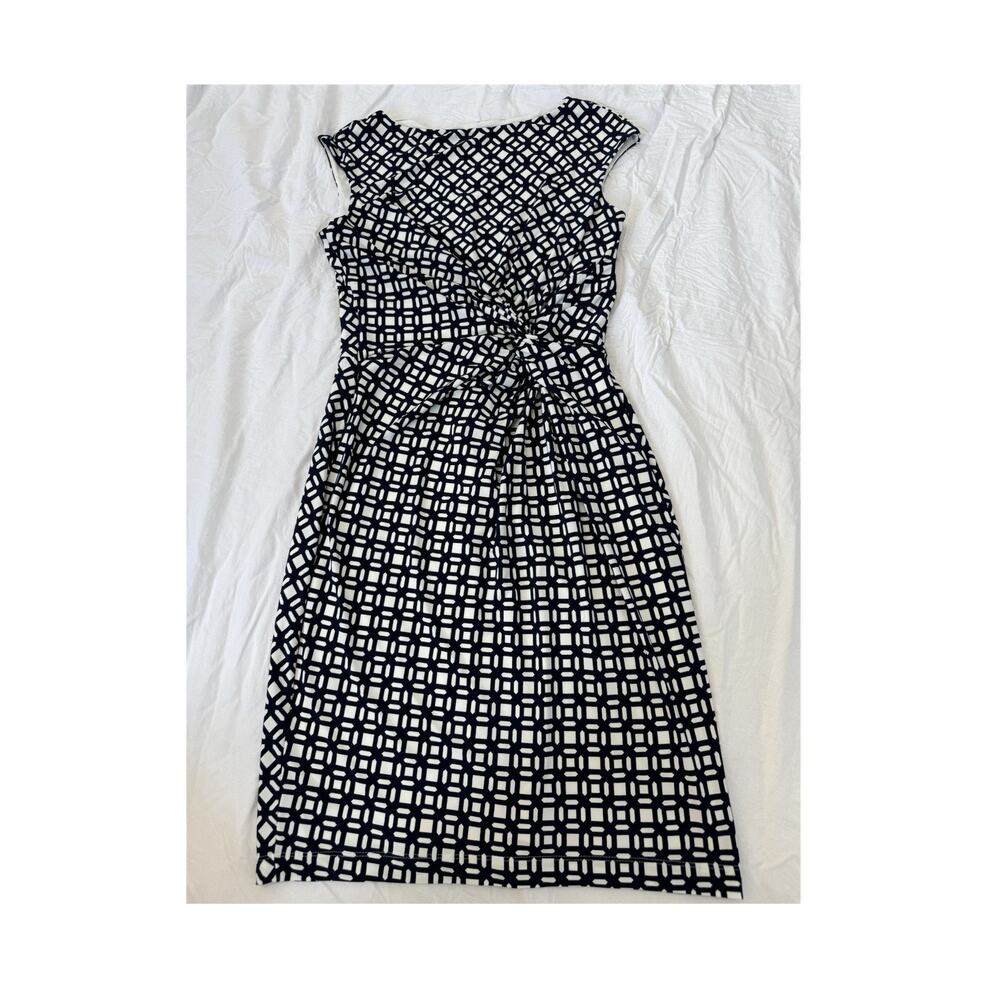 Lauren Ralph Lauren Black White Geometric Sheath Cocktail Stretch Dress 8